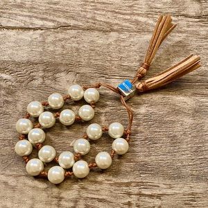 Chico’s Faux Pearl Bracelet with Leather Tassel